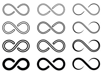 Set of six infinity symbols with varied thicknesses and curvature, black and white design