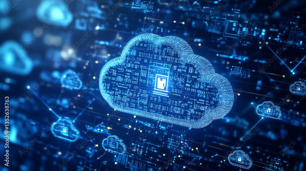 Poster cloud and edge computing technology concepts with cybersecurity protection. there is a large cloud i