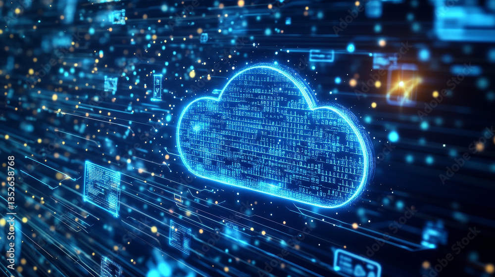 Poster cloud and edge computing technology concepts with cybersecurity protection. there is a large cloud i