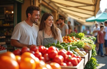 Young couple tourist shopping in farmer market. Happy man, woman choosing fresh organic vegetables, fruit in sunny European city during vacation. Healthy lifestyle, buying local food, vacation trip.