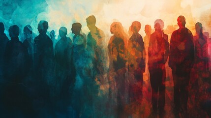 Abstract Crowd of People in Watercolor Style with Blue and Orange Tones