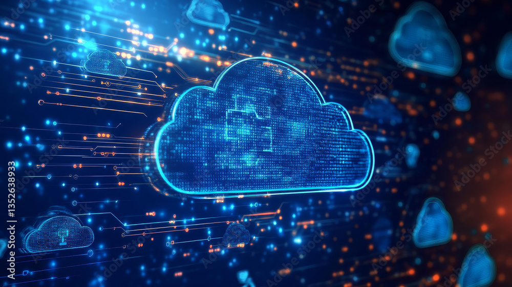 Poster cloud and edge computing technology concepts with cybersecurity protection. there is a large cloud i