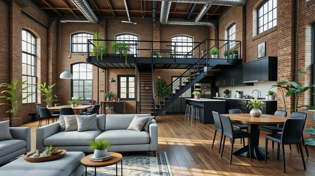 Modern Industrial Loft Interior with Brick Walls Metal Accents and Wooden Floors Abundant Natural Light