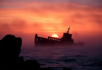 Silhouetted shipwreck watches over a misty, sunrise-painted ocean, mystical, serene