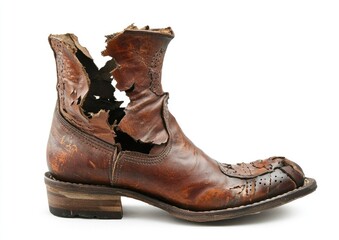 Damaged brown leather cowboy boot on white background