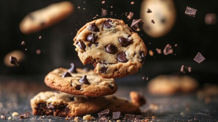 Close Up of Chocolate Chip Cookies in Motion Against Dark Background