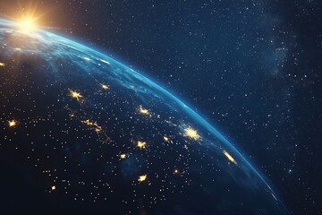 Fototapeta premium deep space with glowing Earth line art and stars scattered subtly, serene