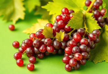 Fototapeta premium Luscious red grapes tumbling onto vibrant green surface, organic, food photography