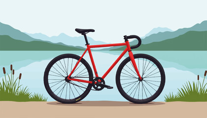 Minimalist red bicycle by tranquil lake, vibrant outdoor adventure