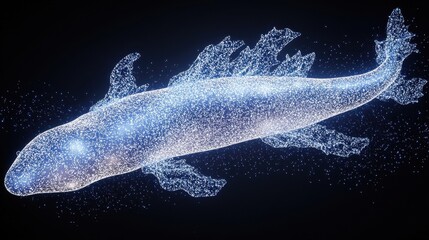 A luminous digital illustration depicts a fish with many particles