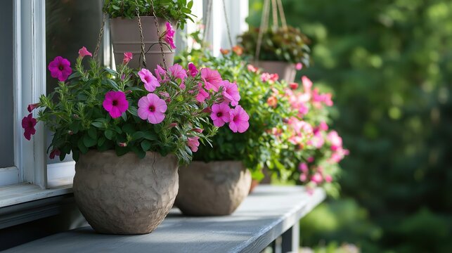 Three potted plants on a window sill. the plants are in terracotta pots and are hanging from strings. the pots are filled with pink flowers with green leaves.