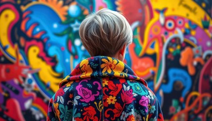 Fototapeta premium Short hair, colorful coat, vibrant art backdrop, abstract art, studio