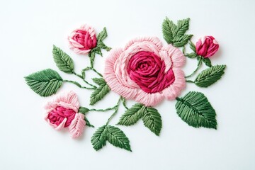 Pink and red roses with green leaves, beautifully embroidered with thread.