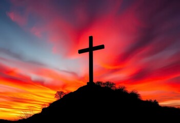 Silhouetted cross atop hill, fiery red sunset sky, twilight, graphic