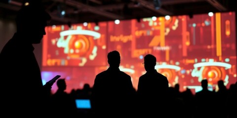 Silhouetted figures intensely discussing cybersecurity strategy at a high-tech conference, defense, cyber