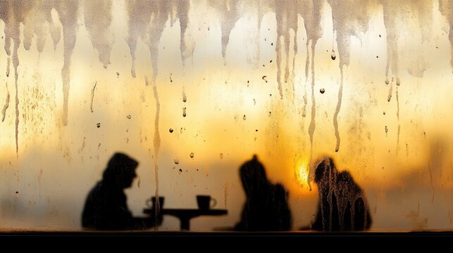 Silhouetted figures in cafe behind steamy window with sunset background