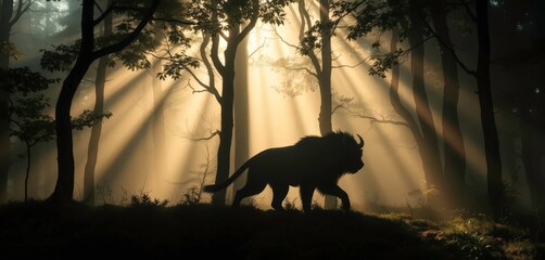 Silhouette of enigmatic beast strides through misty woods, sunbeams piercing canopy, supernatural, fantasy