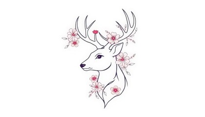 Single-line abstract deer head profile adorned with floral elements, minimalist vector art, wildlife, artwork
