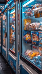 Obraz premium Snack vending machines line a city street at night, brightly lit and filled with colorful treats.