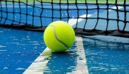 Tennis Ball on Blue Court with Net.