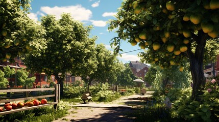 Obraz premium A photo of an urban orchard with fruit trees