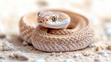 Fototapeta premium Close-up of a light beige snake coiled on sandy terrain