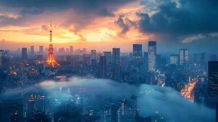 Fototapeta premium Urban cityscape of Tokyo, Japan, showcasing its modern skyline, high-rise buildings, and vibrant metropolitan atmosphere. The view highlights the dynamic blend of advanced architecture, dense city lay