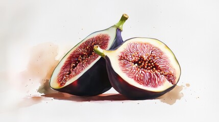 A vibrant illustration of two fresh figs cut in half, showcasing their rich interior.