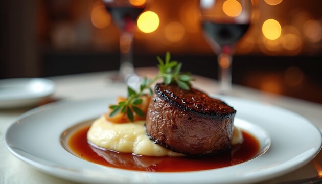 Gourmet filet mignon steak with port wine sauce, mashed potatoes, rosemary garnish. Fine dining, elegant food presentation on white plate with red wine glasses on background.