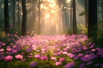 Obraz premium Sunlight filters through trees illuminating a vibrant flower path in a serene forest setting
