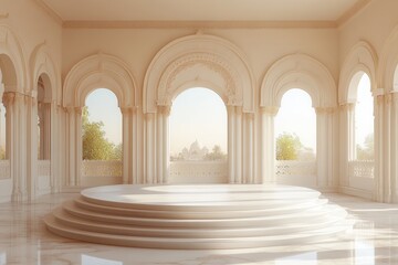 Fototapeta premium Elegant architectural space features arched windows overlooking lush greenery and a distant monument during sunrise