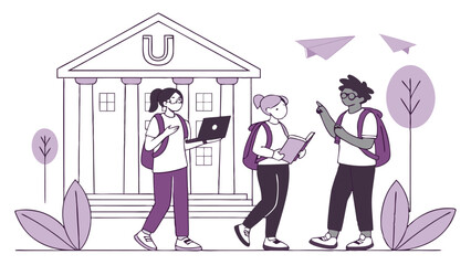 Vector illustration of diverse students walking with books and backpacks in front of a school building, symbolizing education, campus life, student lifestyle, and learning
