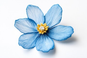 Obraz premium Delicate blue silk flower crafted with meticulous embroidery, showcasing intricate details and vibrant color.