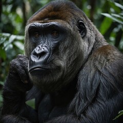 Obraz premium Into the Abyss: A Close Encounter with the Wise Silverback Gorilla. Regal Silverback, Portrait of a Stern-Faced Gorilla in Isolation A powerful gorilla with a silverback, sitting thoughtfully on a 