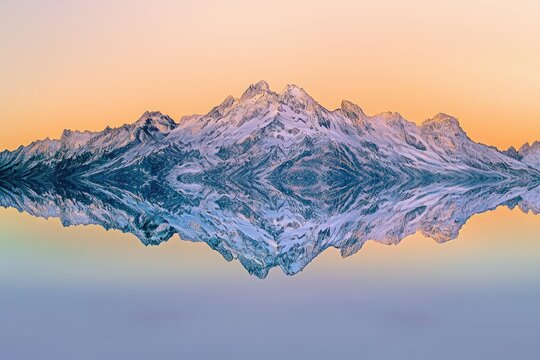 A majestic snow-capped mountain range reflects in a serene lake at sunrise, creating a breathtaking symmetrical view.