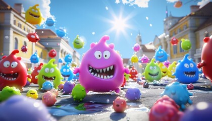 A vibrant scene filled with colorful, whimsical creatures joyfully playing and interacting in a lively urban setting, with bright sunlight illuminating the cheerful atmosphere