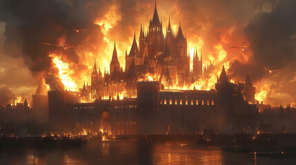 Obraz premium Majestic castle engulfed in flames at dusk with dragons soaring above and chaos in the foreground