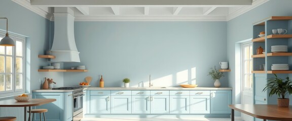 Pastel blue kitchen, open shelving, abundant natural light, airy feel, shelves, light blue