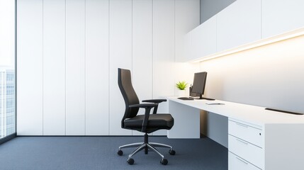 Modern office interior featuring a sleek desk, ergonomic chair, and minimalistic decor
