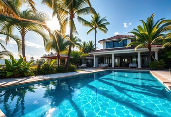 Sun-drenched luxury villa, sparkling pool reflects lush tropical foliage, green, pool