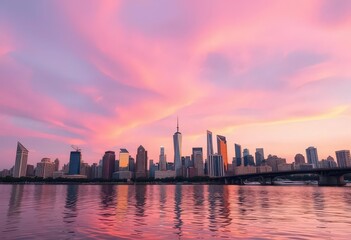 Fototapeta premium Pink hues paint city skyline at sunset, reflecting on tranquil water, serene, romantic