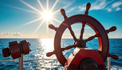 Sun-drenched ship's wheel, ocean horizon, boundless sky, blue,  blue hour