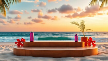 Obraz premium Premium product display on beach podium, ocean horizon background, peaceful, serene