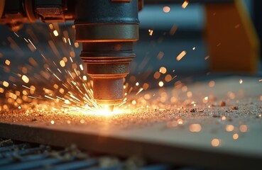CNC engraving machine cutting wood in automated production workshop. Sparks, sawdust flakes in air. Close-up of manufacturing process. Modern equipment and tech. Construction, carpentry.