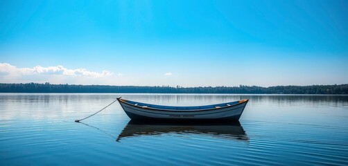 Sun-drenched, empty fishing boat adrift on a still lake, lake, solitude