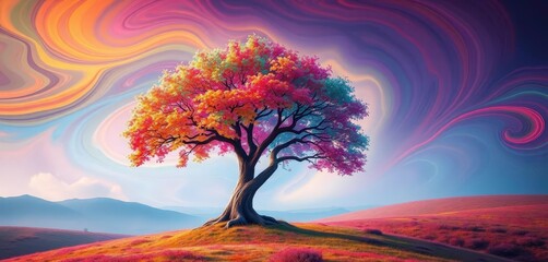 Rainbow-leafed tree in a swirling, dreamlike landscape, summer, colorful landscape