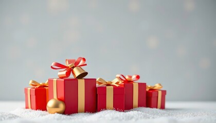 Obraz premium Red gift boxes with gold bell, festive Christmas & New Year greeting card design, texture, new year card design