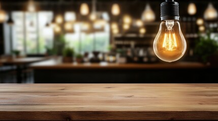 Obraz premium Rustic cafe ambiance with warm lighting and wooden tabletop