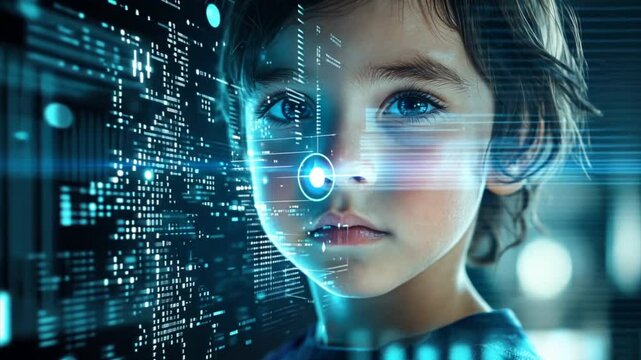 Little child with digital code data overlay, cyberspace and information technology of the future. Ai education and cybersecurity