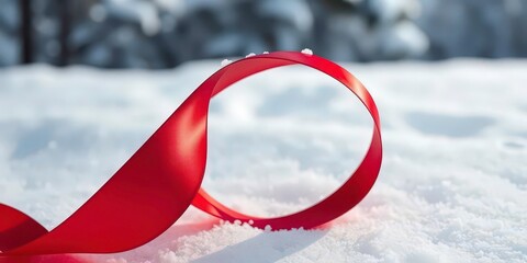 Rich crimson satin ribbon curled on a snowy background, luxury, festive